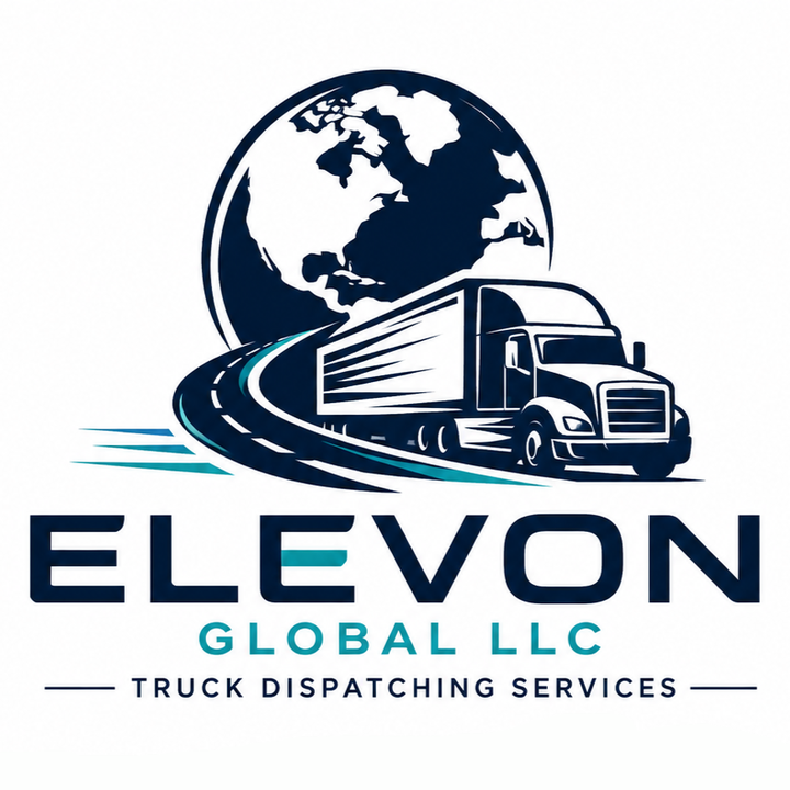 Elevon Trucking logo: a semi truck on a highway curving in front of a globe